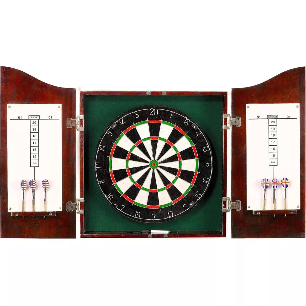 Max Strength Dartboard Cabinet Set with Realistic Walnut Finish Easy-to-Mount Board