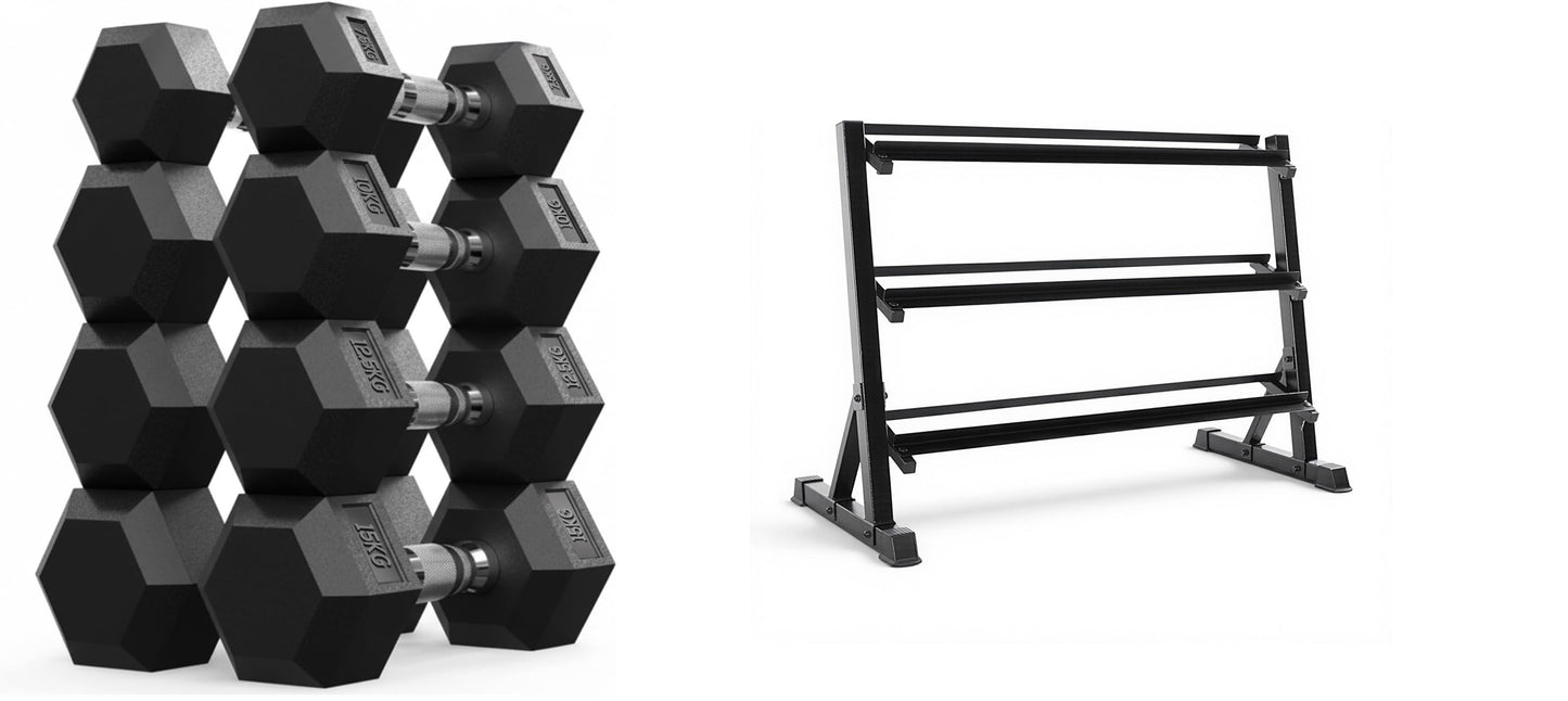 Max Strength Hex Dumbbells Set 90kg  with 3-Tier Dumbbell Rackfor Men & Women - Home Gym Equipment - Weights (Set of 2) 7.5kg, 10kg, 12.5kg, 15kg plus rack