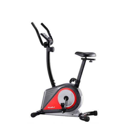 A red and black magnatic exercise bike with a digital display and a cushioned seat