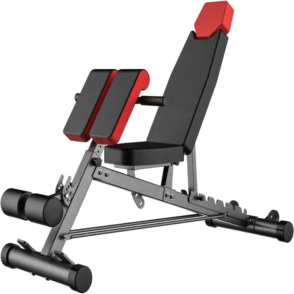 Multi functional adjustable weight bench with red and black padding featuring a built in roman chair for home gym