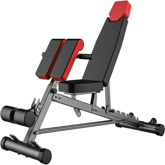 Multi functional adjustable weight bench with red and black padding featuring a built in roman chair for home gym