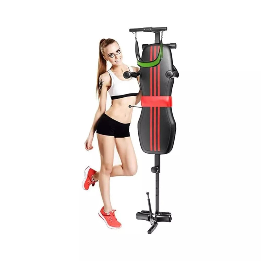 Multifunctional spinal decompression traction table in black and red with adjustable cervical and lumbar stretching belts
