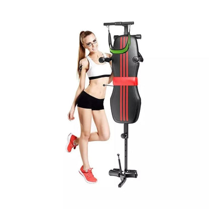 Multifunctional spinal decompression traction table in black and red with adjustable cervical and lumbar stretching belts
