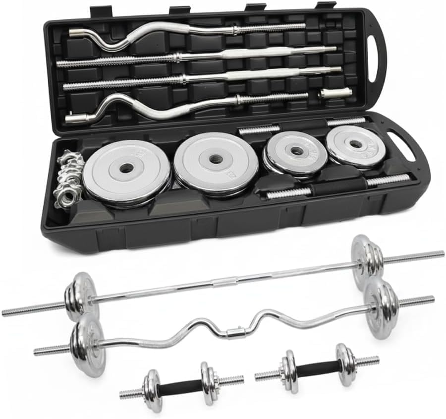 HomeGym 55KG Adjustable Chrome Dumbbell Barbell Set with Carry Case