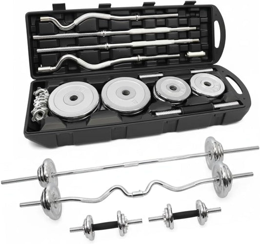 HomeGym 55KG Adjustable Chrome Dumbbell Barbell Set with Carry Case