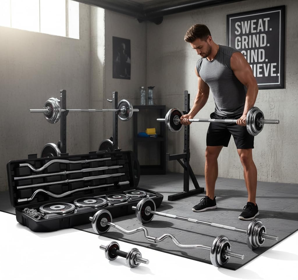 HomeGym 55KG Adjustable Chrome Dumbbell Barbell Set with Carry Case