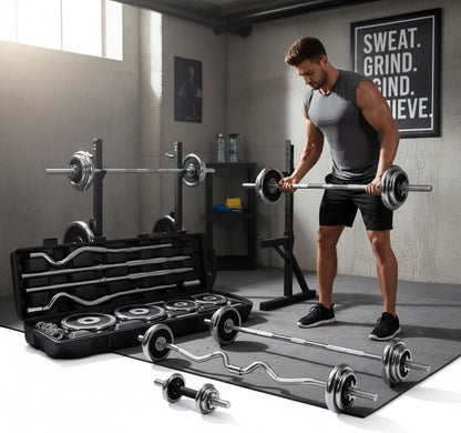 HomeGym 55KG Adjustable Chrome Dumbbell Barbell Set with Carry Case