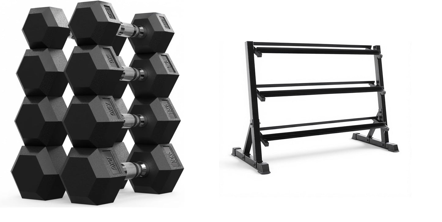 Max Strength Hex Dumbbells Set 50kg with 3 Tier Dumbbell Rack for Men & Women - Home Gym Equipment - Weights Set (Set of 2 plus ), Weight Dumbbells Set 2.5Kg, 5kg, 7.5kg, 10kg plus Rack