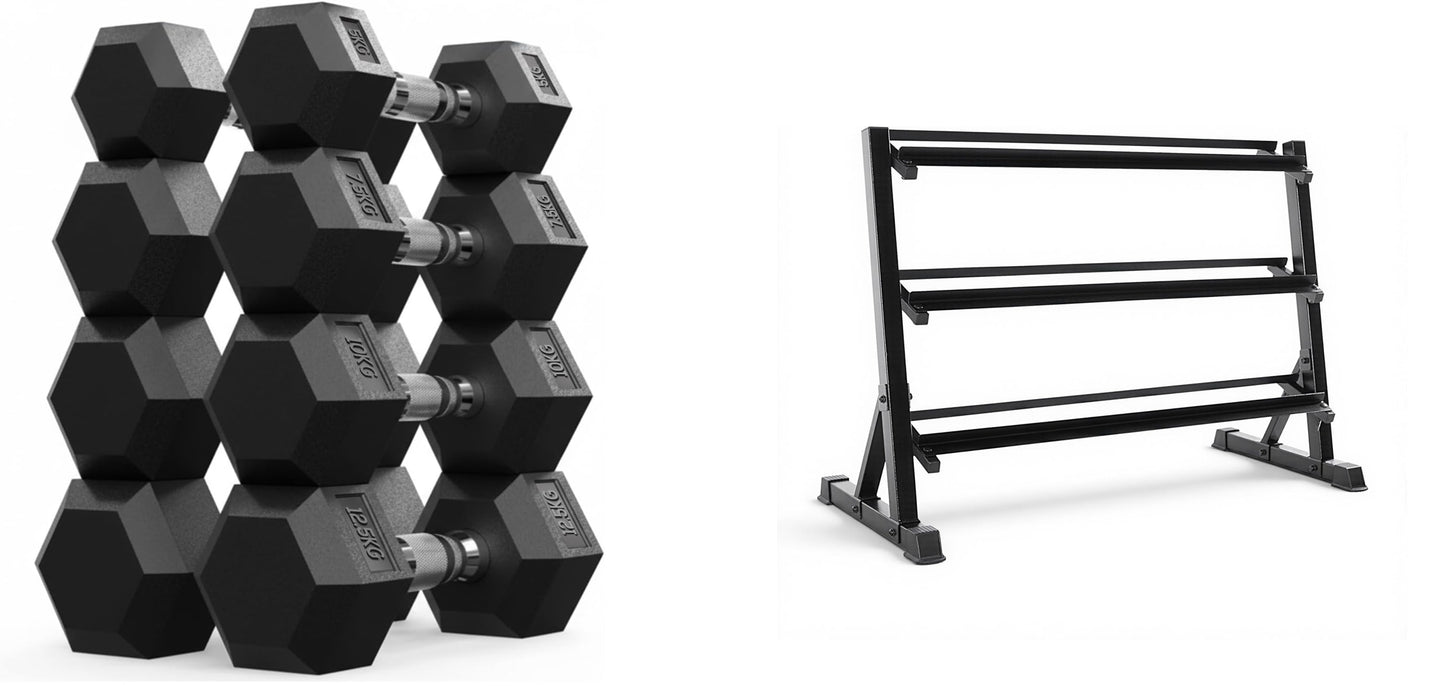 Max Strength Hex Dumbbells Set 70kg plus 3-Tier Dumbbell Rack for Men & Women - Home Gym Equipment - Weights (Set of 2), 5kg, 7.5kg, 10kg, 12.5kg plus Rack