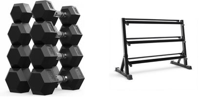 Max Strength Hex Dumbbells Set 70kg plus 3-Tier Dumbbell Rack for Men & Women - Home Gym Equipment - Weights (Set of 2), 5kg, 7.5kg, 10kg, 12.5kg plus Rack