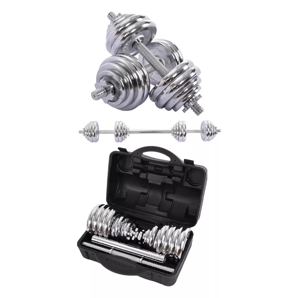 Max Strength- 2 in 1 30kg Dumbbell and Barbell Weights Set with Carry Case From Premium Chrome Weight Lifting Set With Connector Bar