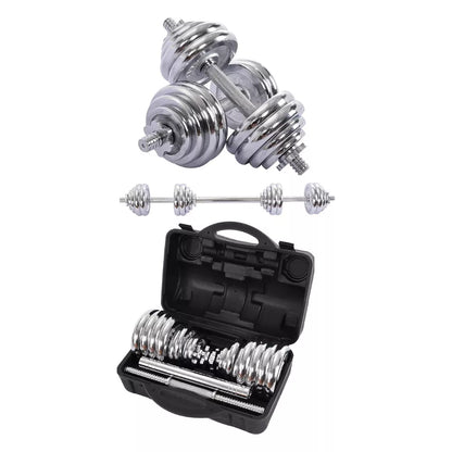 Max Strength- 2 in 1 30kg Dumbbell and Barbell Weights Set with Carry Case From Premium Chrome Weight Lifting Set With Connector Bar