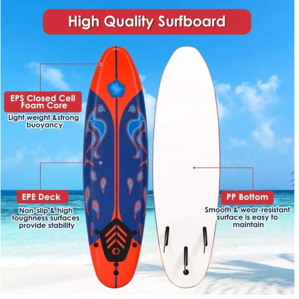 6Ft Stand Up Surfing Board with 3 Detachable Fins, Safety Leash, Non-Slip Lightweight Foam Surfboard for Youth and Teenager