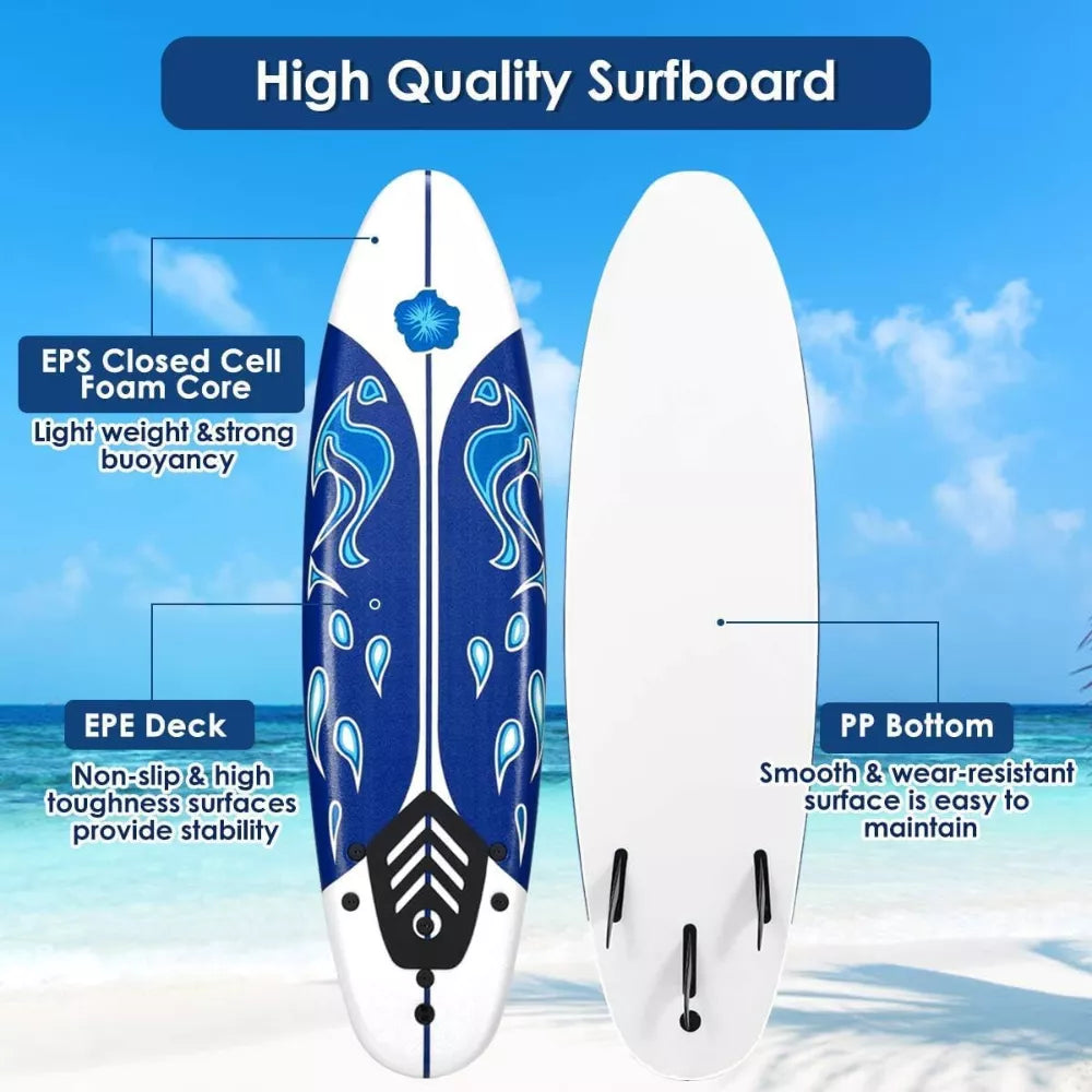 6Ft Stand Up Surfing Board with 3 Detachable Fins, Safety Leash, Non-Slip Lightweight Foam Surfboard for Youth and Teenager (Copy)