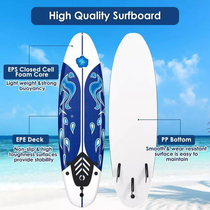 6Ft Stand Up Surfing Board with 3 Detachable Fins, Safety Leash, Non-Slip Lightweight Foam Surfboard for Youth and Teenager (Copy)