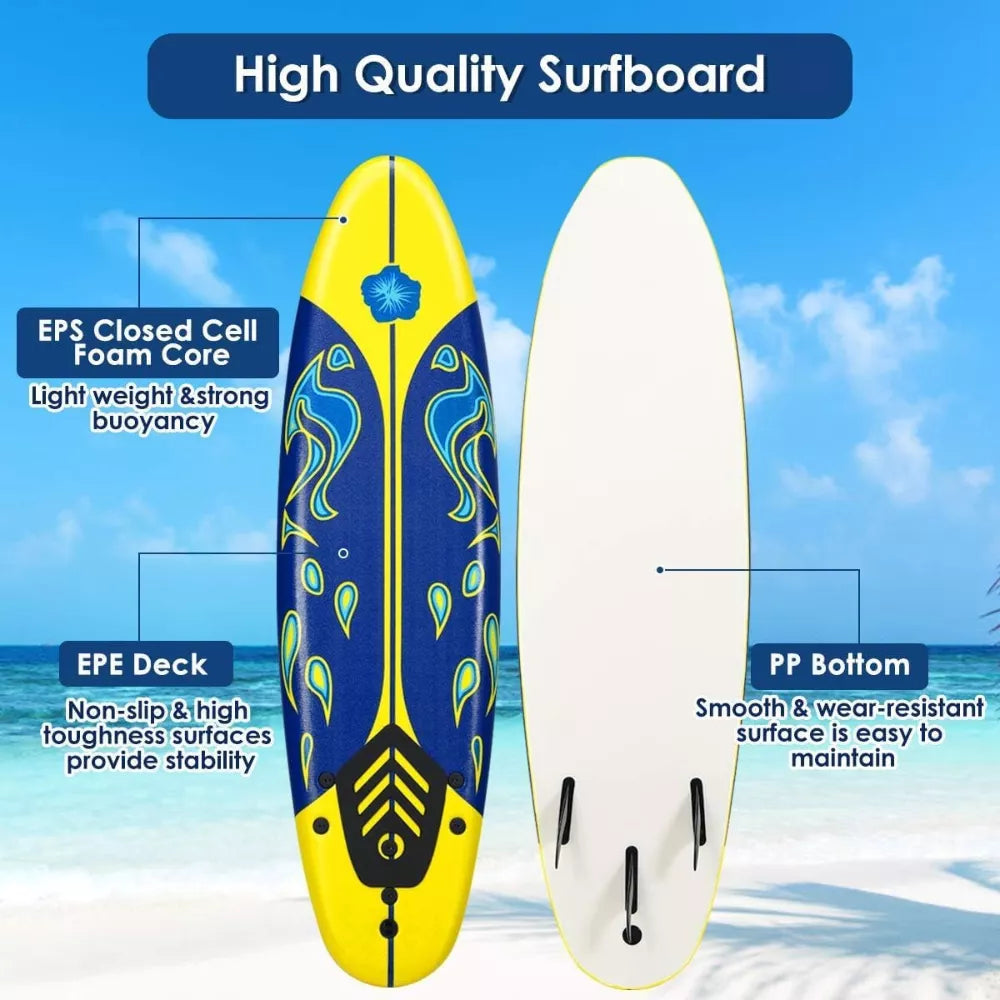 6Ft Stand Up Surfing Board with 3 Detachable Fins, Safety Leash, Non-Slip Lightweight Foam Surfboard for Youth and Teenager (Copy) (Copy)