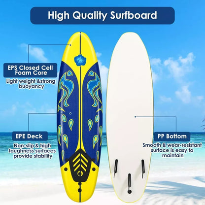 6Ft Stand Up Surfing Board with 3 Detachable Fins, Safety Leash, Non-Slip Lightweight Foam Surfboard for Youth and Teenager (Copy) (Copy)