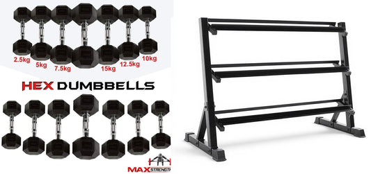 Max Strength Hex Dumbbells Set 105kg with 3-Tier Dumbbell Rack for Men & Women - Home Gym Equipment - Weights (Set of 2) 2.5kg, 5kg, 7.5kg, 10kg, 12.5kg,15kg plus Rack
