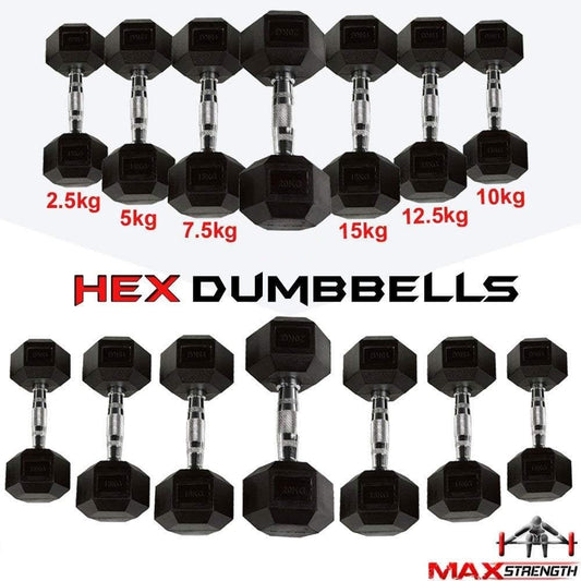 Max Strength Hex Dumbbells Set 105kg for Men & Women - Home Gym Equipment - Weights (Set of 2) 2.5kg, 5kg, 7.5kg, 10kg, 12.5kg,15kg