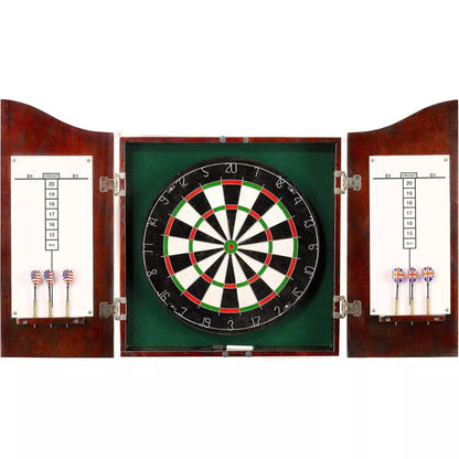 Max Strength Dartboard Cabinet Set with Realistic Walnut Finish Easy-to-Mount Board