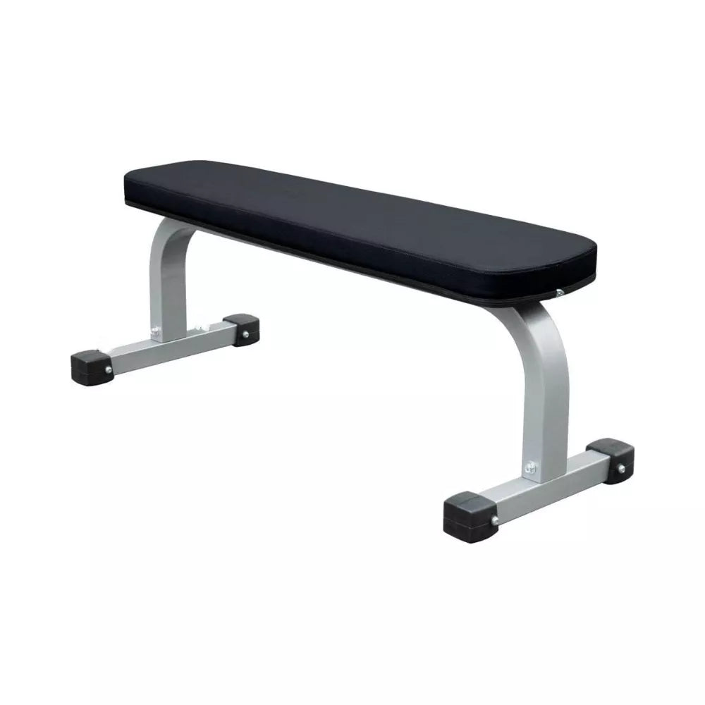 Heavy duty flat weight workout exercise bench in black color with a wide anti skid base for home gym strength training
