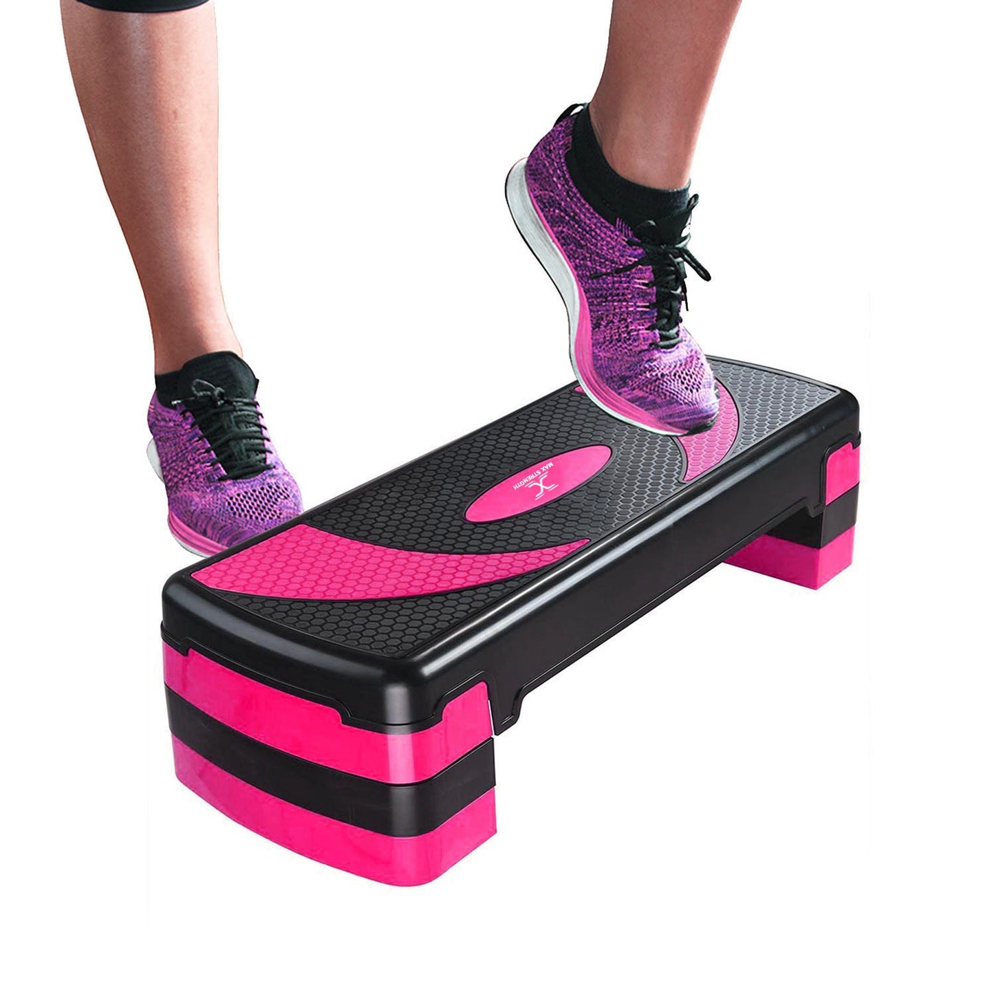 X MAXSTRENGTH Aerobic Stepper 5 Level Step Platform Cardio Training Yoga Workout Stepper (Pink/Black)